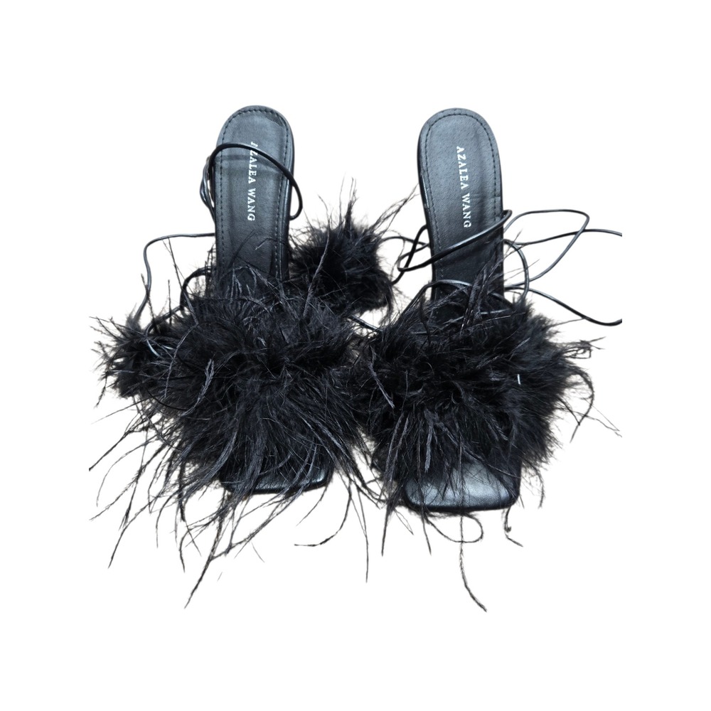 Azalea Wang Black Feather Ankle Tie Stiletto Sandals Square Toe Heels Womens 9